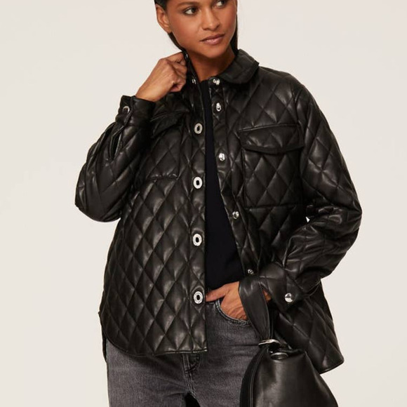 Maje Baneta Quilted Faux Leather Jacket Long Sleeve Solid Black 40 Large - Picture 2 of 12